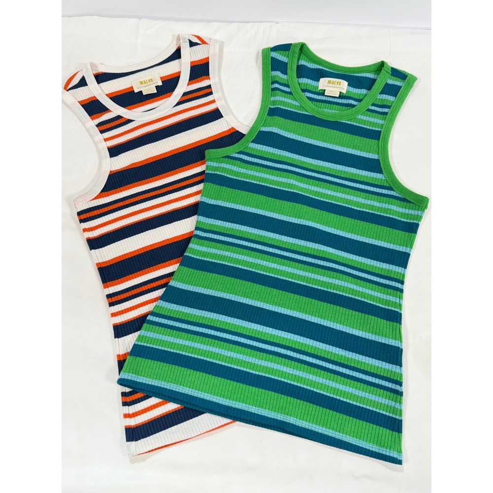 Maeve Anthropologie Ribbed Striped Tank Top Set of 2 Green Navy Orange Small